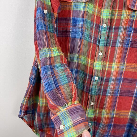 Ralph Lauren Womens Plaid Top Sz M Multi Rainbow 100% Cotton Crinkle Blouse - Picture 3 of 9